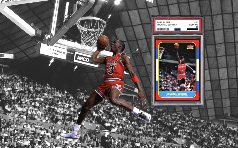 Depicting Michael Jordan next to his 1986 Fleer #57 rookie card