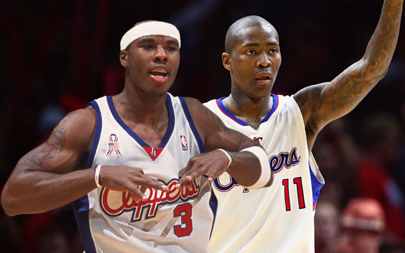 Basketball players Quentin Richardson and Jamal Crawford gesturing on the court as members of the Los Angeles Clippers