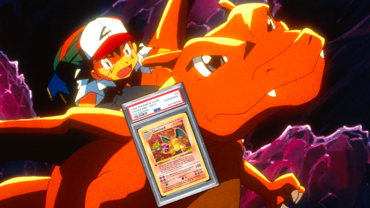 A 1st edition Charizard trading card superimposed on a screenshot of Ash Ketchum from the Pokemon cartoon series
