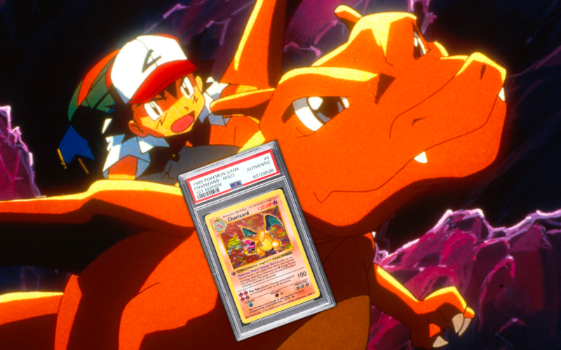 A 1st edition Charizard trading card superimposed on a screenshot of Ash Ketchum from the Pokemon cartoon series