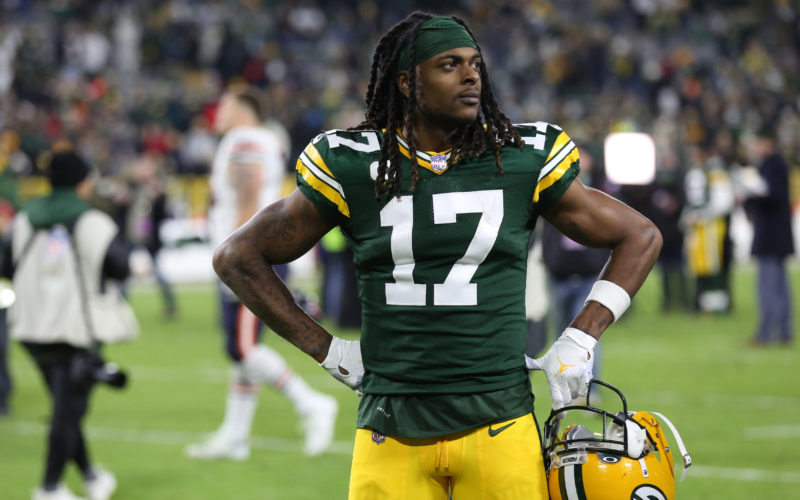 NFL football player Davante Adams posing at Lambeau Field during a game against the Chicago Bears