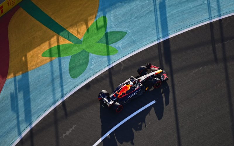 The car of F1 driver Max Verstappen rounding a turn in practice laps for the Saudi Grand Prix