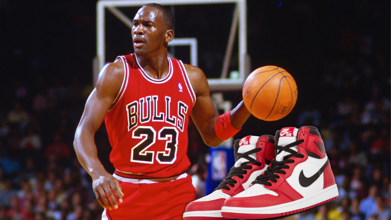 Michael Jordan dribbling a basketball for the Chicago Bulls next to a superimposed pair of Air Jordan 1 "Chicago" sneakers